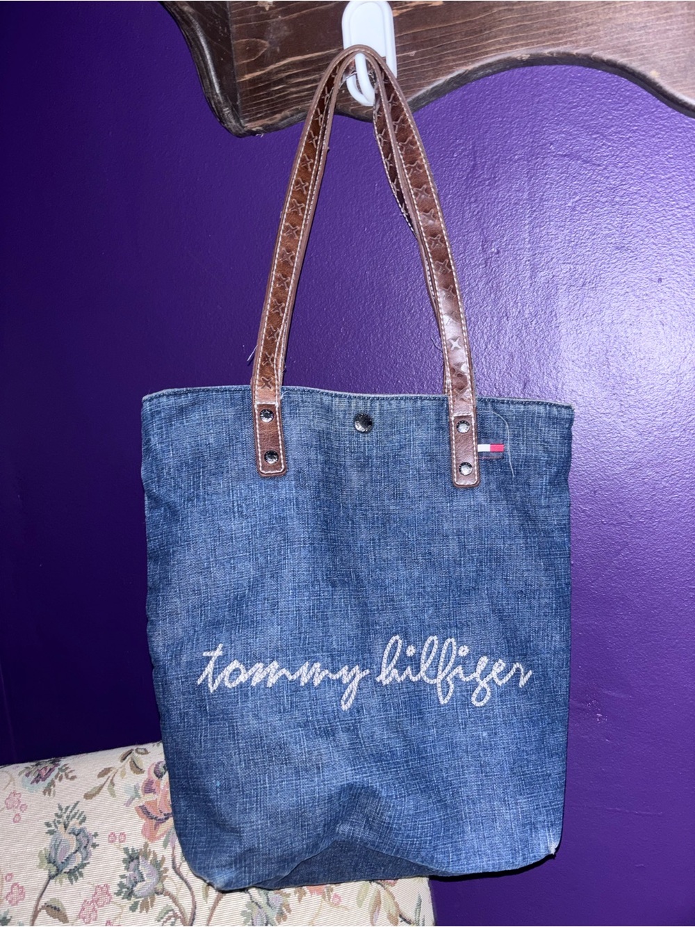 Tommy Hilfiger Denim Tote with Brown Leather Handles